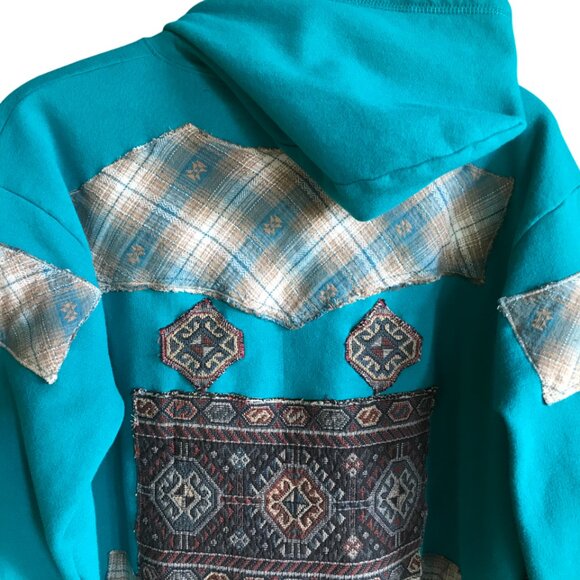 Upcycled Patchwork Jacket, Size L: Teal Tribal Zip-Up Hoodie, Southwest Aztec - Picture 4 of 16